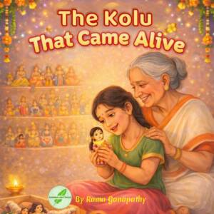 Cover of The Kolu That Came Alive by Rama Ganapathy, a navratri Golu story for kids, featuring a young girl setting up traditional Navratri Golu dolls