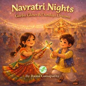 Cover of Navratri Nights Garba Glows and Dandiya Dreams by Rama Ganapathy, showcasing children dancing Garba and Dandiya