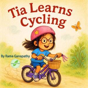 Cover illustration of Tia Learns Cycling children's book.