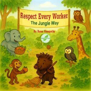 Cover of Respect Every Worker the Jungle Way by Rama Ganapathy showing jungle animals learning about dignity of labour.