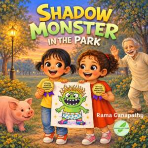 Cover page of Shadow Monster in the Park by Rama Ganapathy, short story on fear of monsters in kids and how to overcome that fear