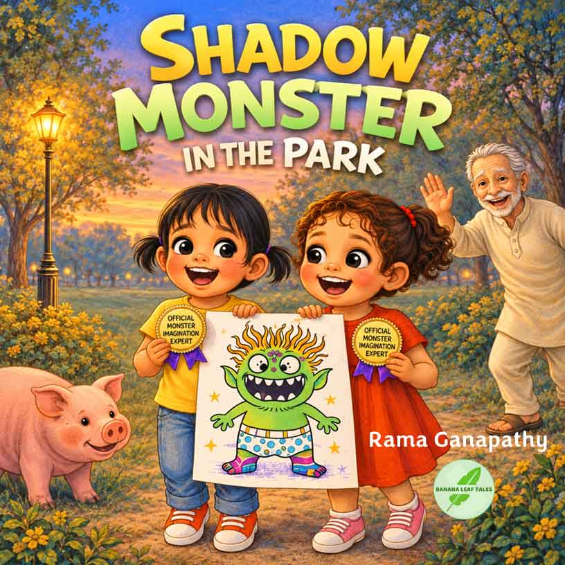 Cover page of Shadow Monster in the Park by Rama Ganapathy, a story dealing with how to handle the fear of monsters in kids