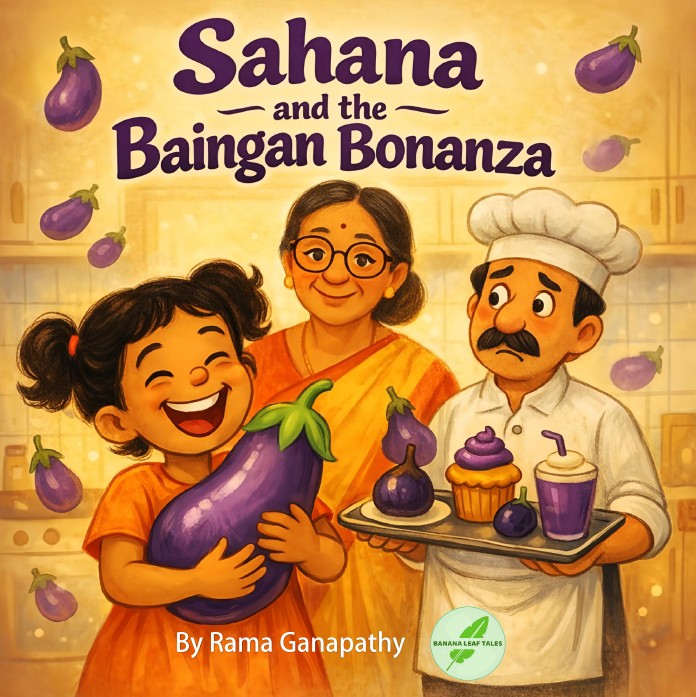 Cover page of Sahana & the Baingan Bonanza: A Hilarious Pick in Funny Food Stories for Kids by Rama Ganapathy. Banana leaf Tales