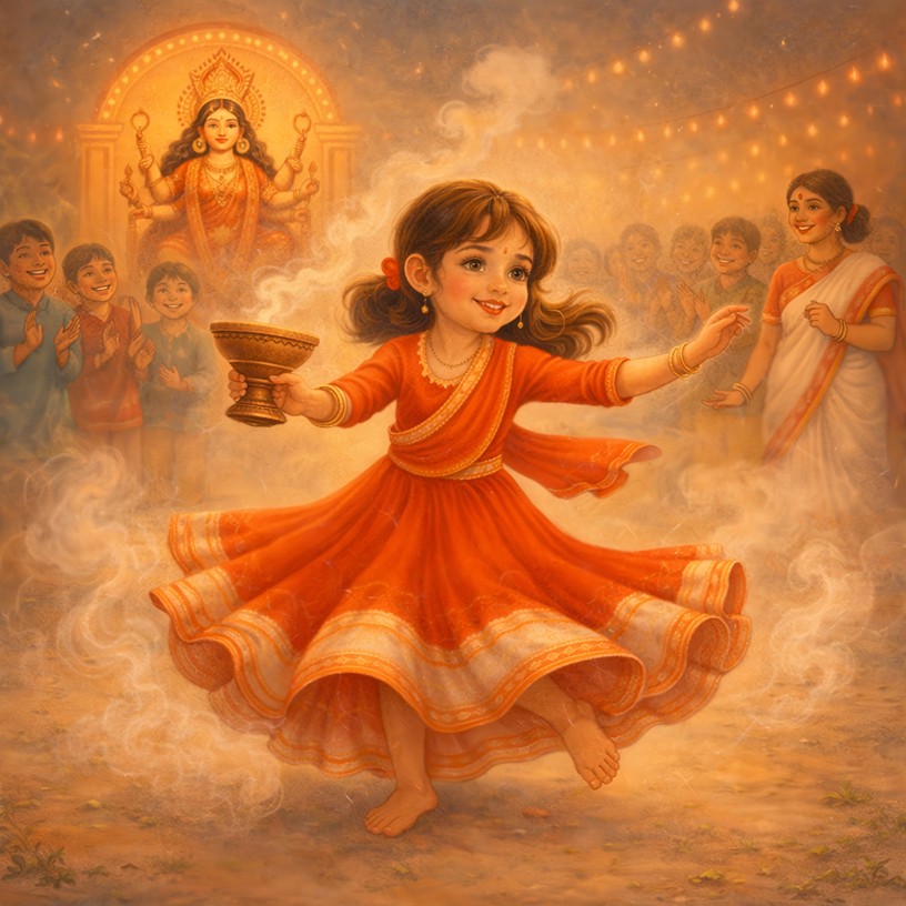 navratri stories across India for kids, East, Dhunuchi Dance for Durga festival